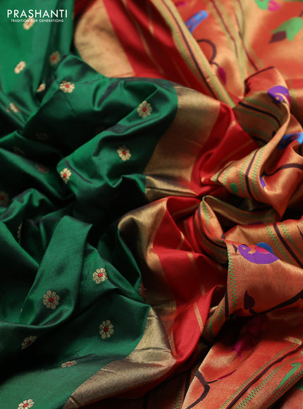 Pure paithani silk saree green and red with allover zari woven buttas and paithani weaving pallu