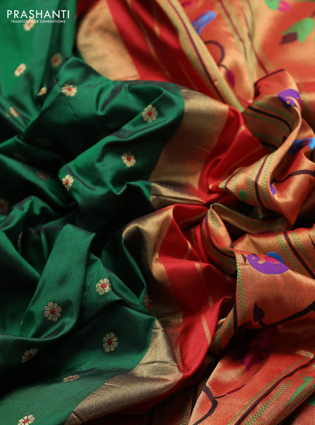 Pure paithani silk saree green and red with allover zari woven buttas and paithani weaving pallu