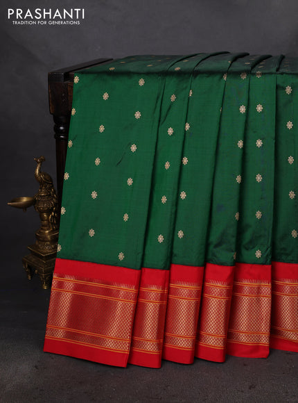 Pure paithani silk saree dark green and red with allover zari woven buttas and paithani weaving pallu