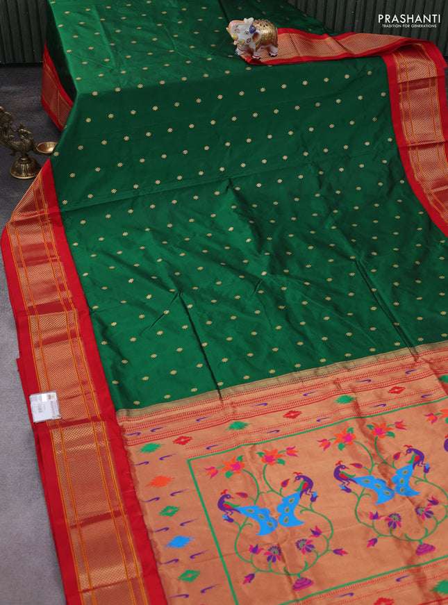 Pure paithani silk saree dark green and red with allover zari woven buttas and paithani weaving pallu