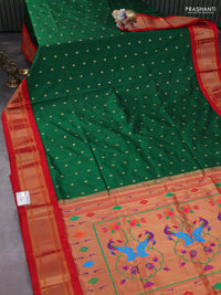 Pure paithani silk saree dark green and red with allover zari woven buttas and paithani weaving pallu