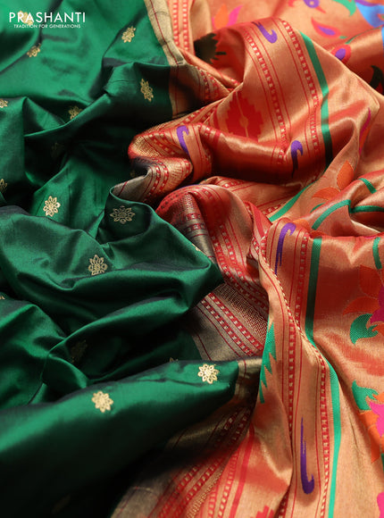 Pure paithani silk saree dark green and red with allover zari woven buttas and paithani weaving pallu