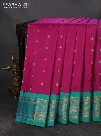 Pure paithani silk saree dual shade of pink and teal bluish green with allover zari woven buttas and paithani weaveing pallu