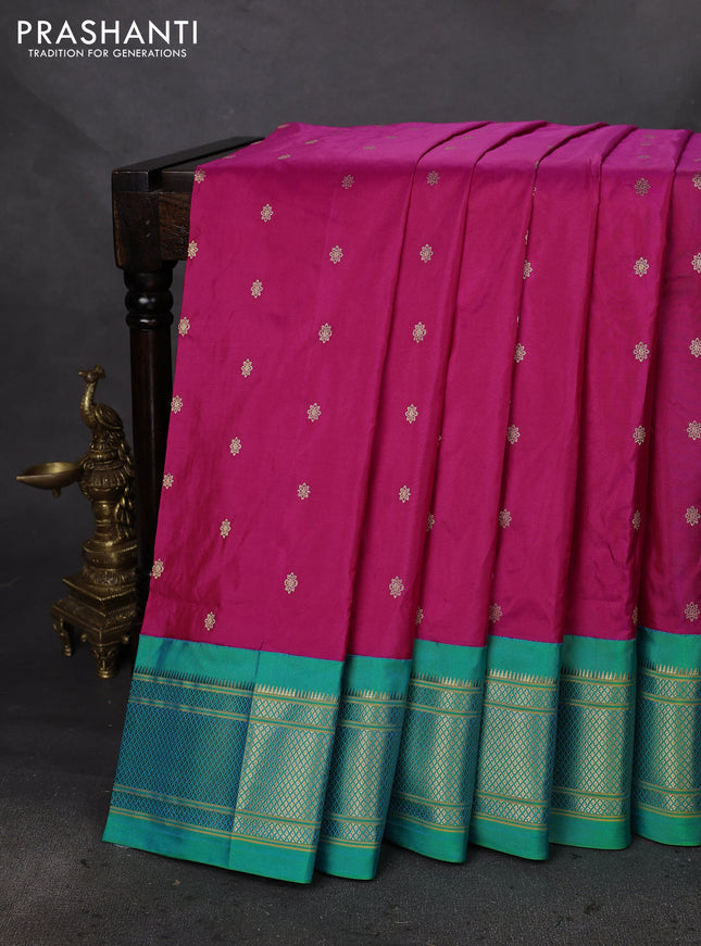 Pure paithani silk saree dual shade of pink and teal bluish green with allover zari woven buttas and paithani weaveing pallu