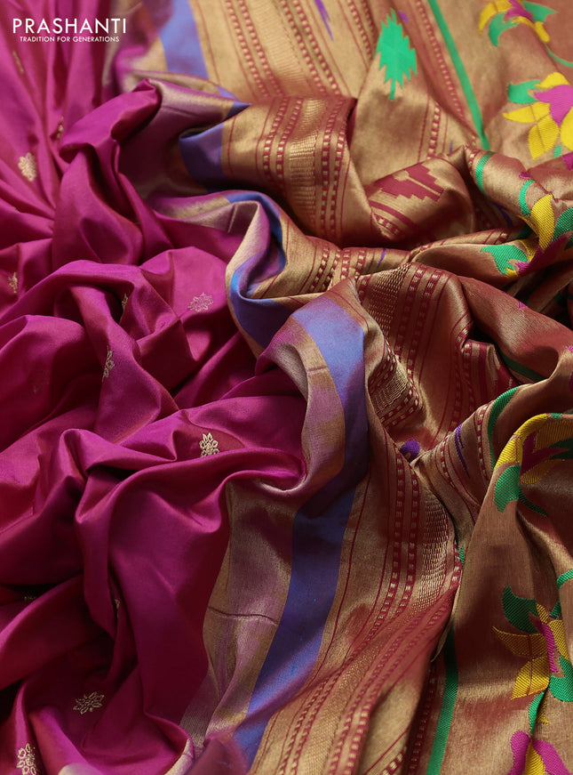 Pure paithani silk saree dual shade of pink and teal bluish green with allover zari woven buttas and paithani weaveing pallu