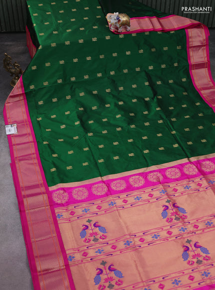 Pure paithani silk saree green and pink with allover annam zari woven buttas and paithani weaveing pallu