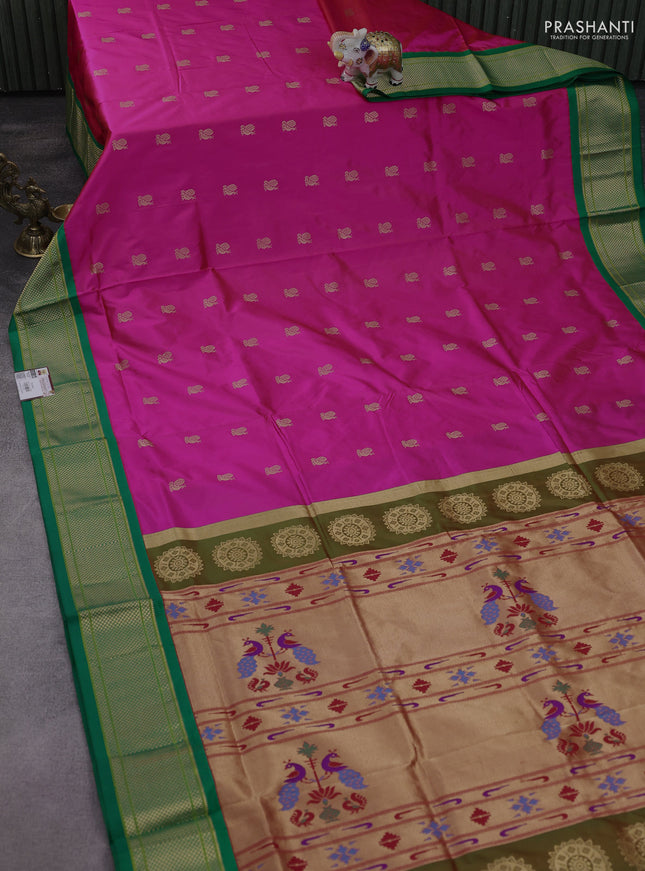 Pure paithani silk saree pink and green with allover annam zari woven buttas and paithani weaveing pallu