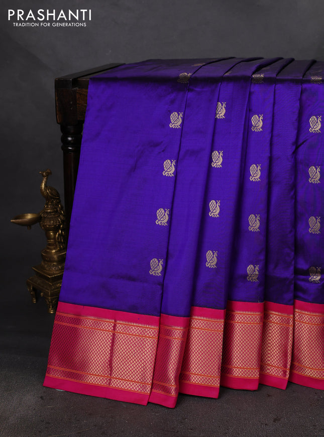 Pure paithani silk saree blue and pink with allover annam zari woven buttas and paithani weaveing pallu