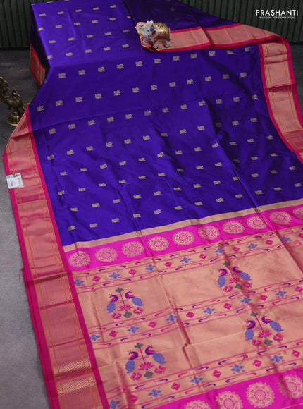 Pure paithani silk saree blue and pink with allover annam zari woven buttas and paithani weaveing pallu