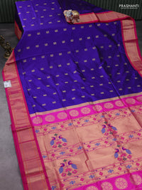 Pure paithani silk saree blue and pink with allover annam zari woven buttas and paithani weaveing pallu