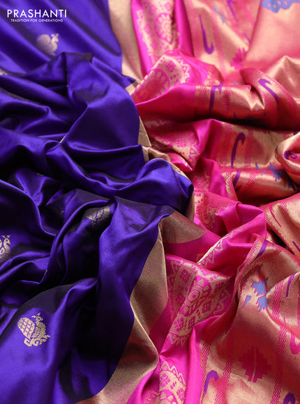 Pure paithani silk saree blue and pink with allover annam zari woven buttas and paithani weaveing pallu