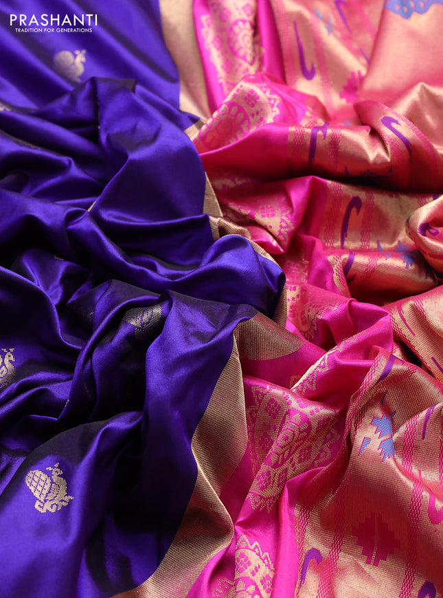 Pure paithani silk saree blue and pink with allover annam zari woven buttas and paithani weaveing pallu