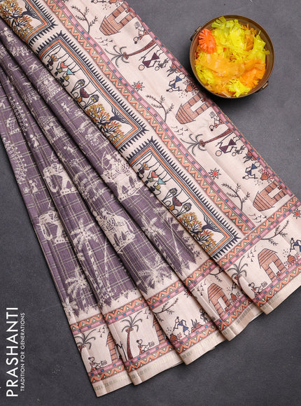 Semi tussar saree gray shade and cream with allover zari checks & warli prints  and printed border