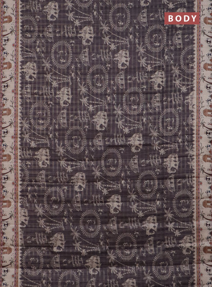 Semi tussar saree gray shade and cream with allover zari checks & warli prints  and printed border