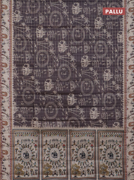 Semi tussar saree gray shade and cream with allover zari checks & warli prints  and printed border