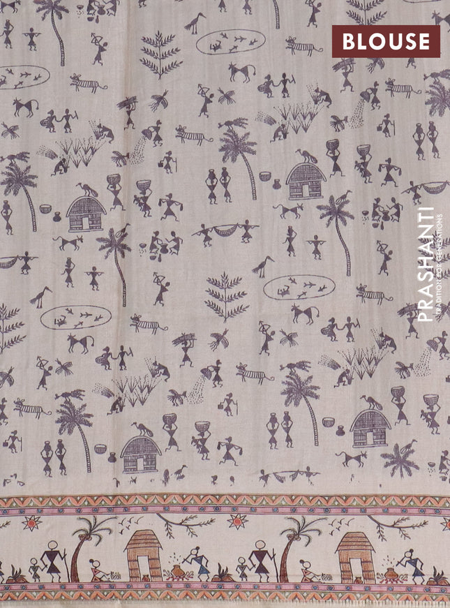 Semi tussar saree gray shade and cream with allover zari checks & warli prints  and printed border