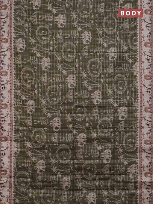 Semi tussar saree sap green and cream with allover zari checks & warli prints  and printed border