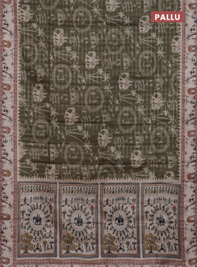 Semi tussar saree sap green and cream with allover zari checks & warli prints  and printed border