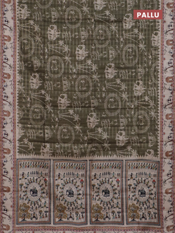 Semi tussar saree sap green and cream with allover zari checks & warli prints  and printed border