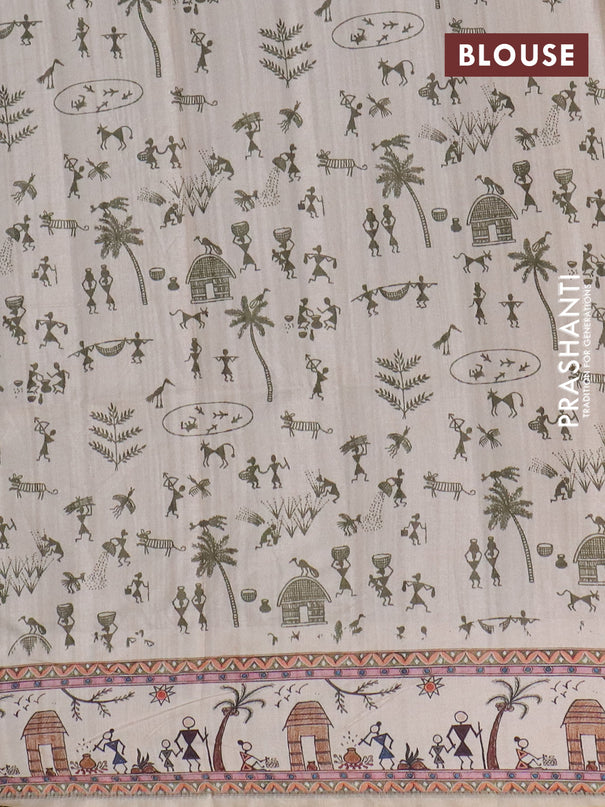 Semi tussar saree sap green and cream with allover zari checks & warli prints  and printed border