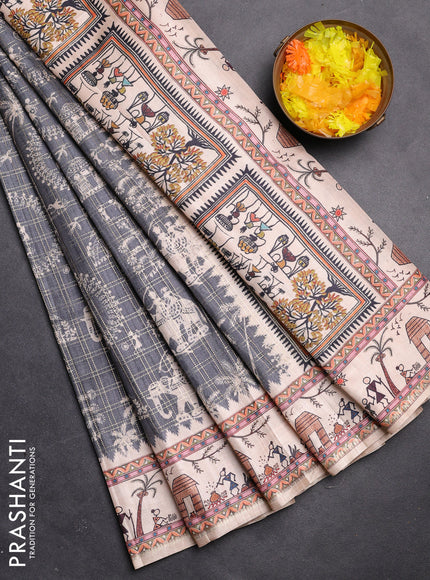 Semi tussar saree green and cream with allover zari checks & warli prints  and printed border