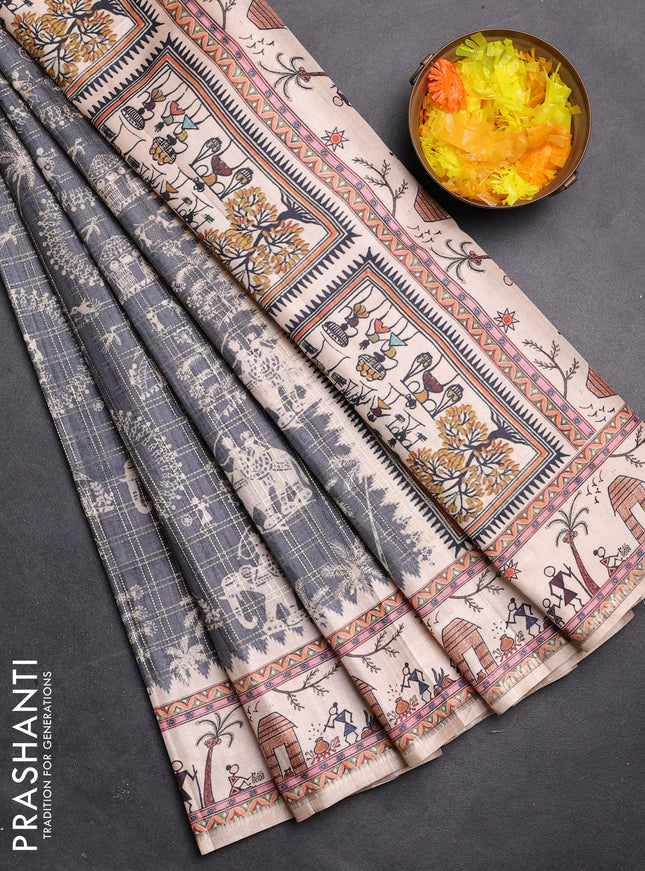 Semi tussar saree green and cream with allover zari checks & warli prints  and printed border
