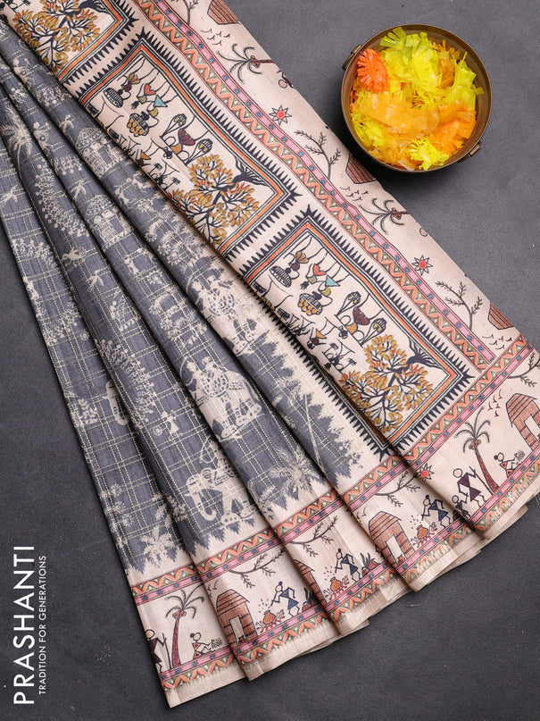 Semi tussar saree green and cream with allover zari checks & warli prints  and printed border
