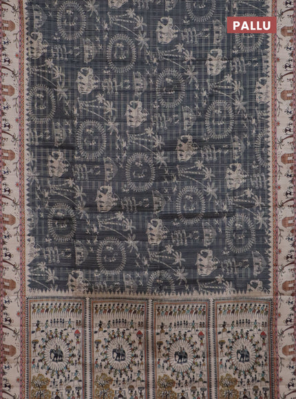 Semi tussar saree green and cream with allover zari checks & warli prints  and printed border