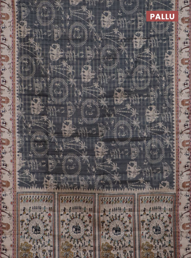 Semi tussar saree green and cream with allover zari checks & warli prints  and printed border