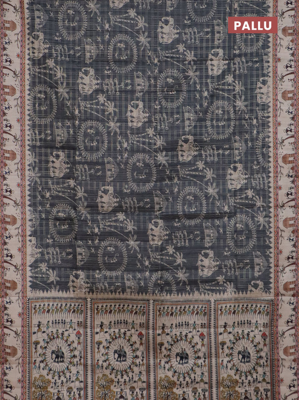 Semi tussar saree green and cream with allover zari checks & warli prints  and printed border