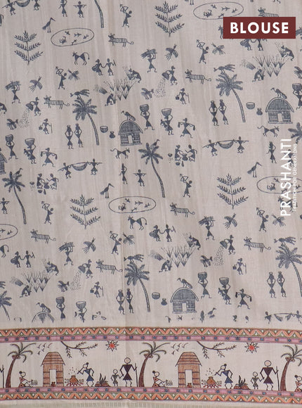 Semi tussar saree green and cream with allover zari checks & warli prints  and printed border