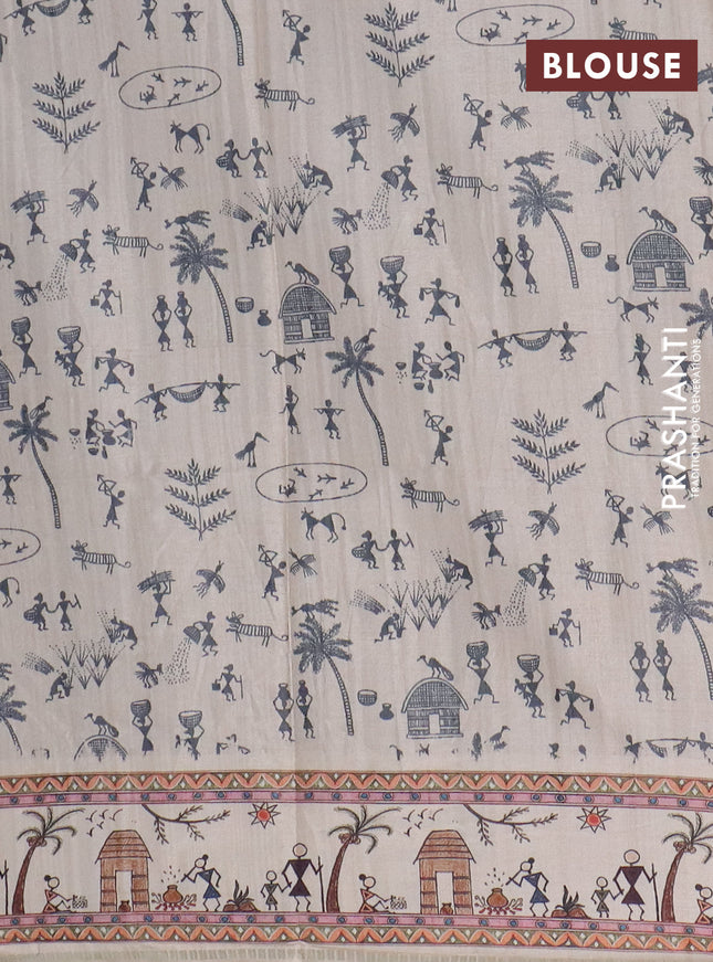 Semi tussar saree green and cream with allover zari checks & warli prints  and printed border