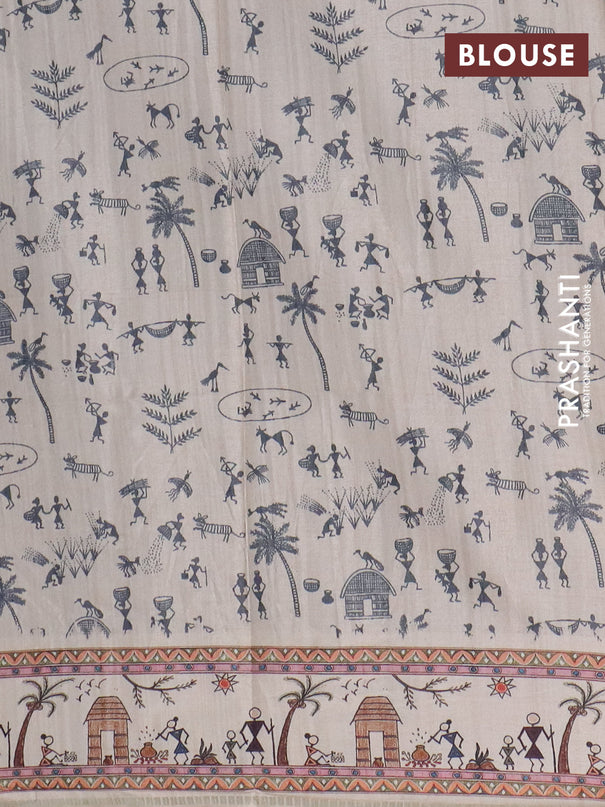 Semi tussar saree green and cream with allover zari checks & warli prints  and printed border