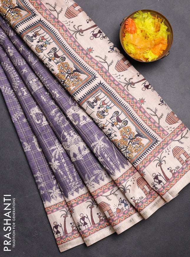 Semi tussar saree violet and cream with allover zari checks & warli prints  and printed border