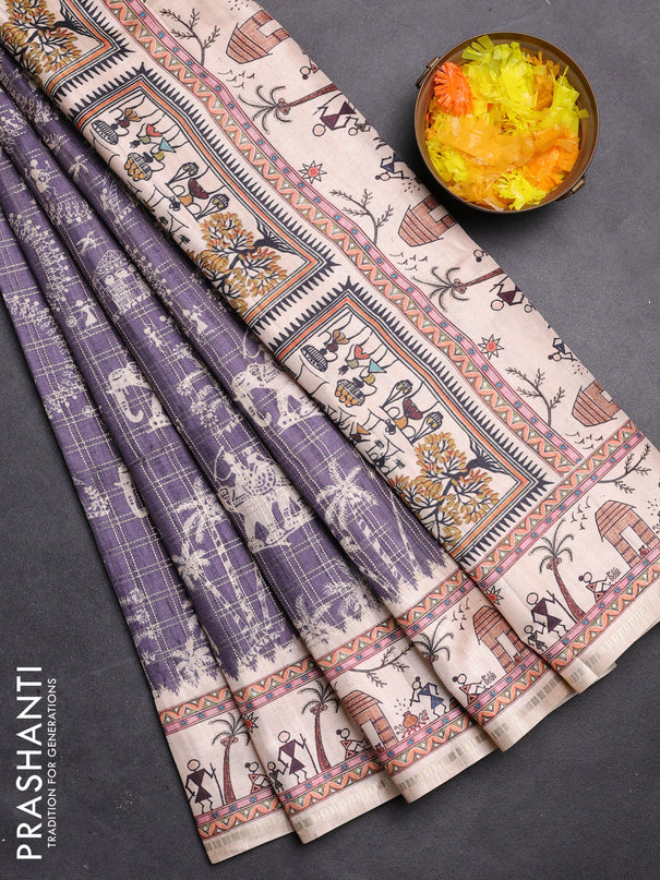 Semi tussar saree violet and cream with allover zari checks & warli prints  and printed border
