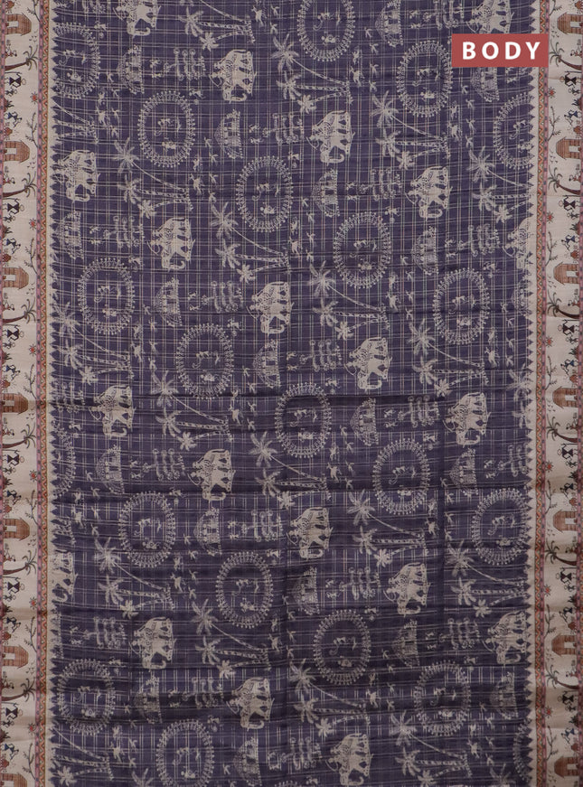 Semi tussar saree violet and cream with allover zari checks & warli prints  and printed border