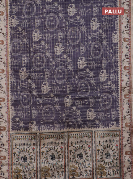 Semi tussar saree violet and cream with allover zari checks & warli prints  and printed border