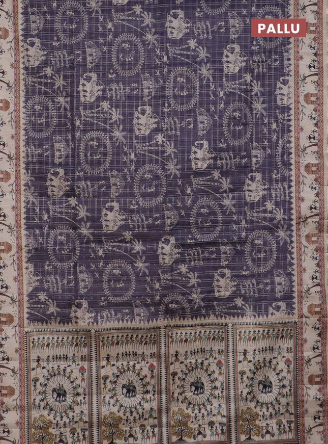 Semi tussar saree violet and cream with allover zari checks & warli prints  and printed border