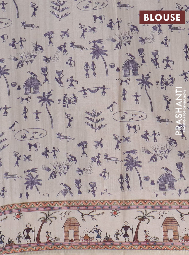 Semi tussar saree violet and cream with allover zari checks & warli prints  and printed border