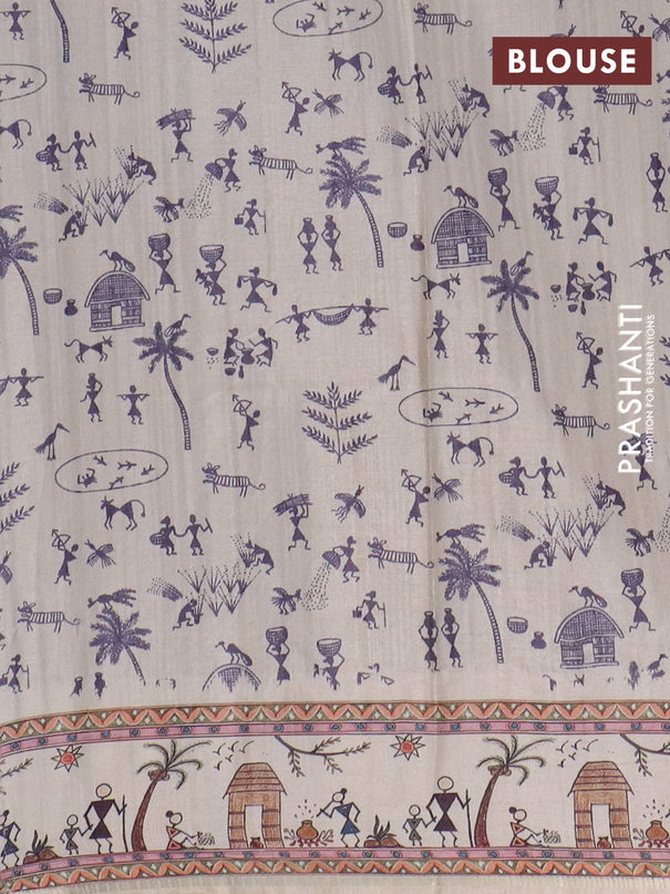 Semi tussar saree violet and cream with allover zari checks & warli prints  and printed border