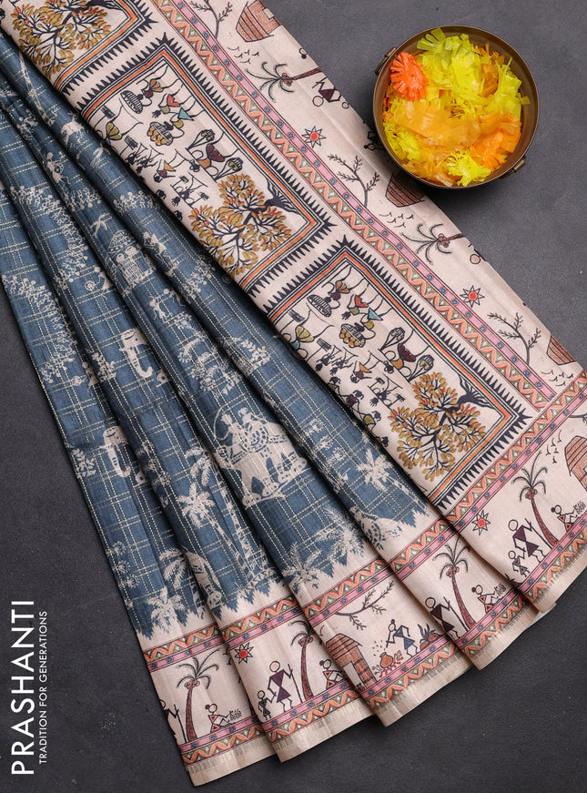 Semi tussar saree dark peacock blue and cream with allover zari checks & warli prints  and printed border
