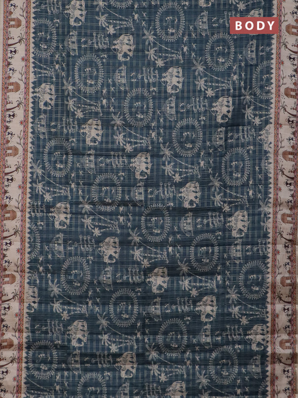 Semi tussar saree dark peacock blue and cream with allover zari checks & warli prints  and printed border