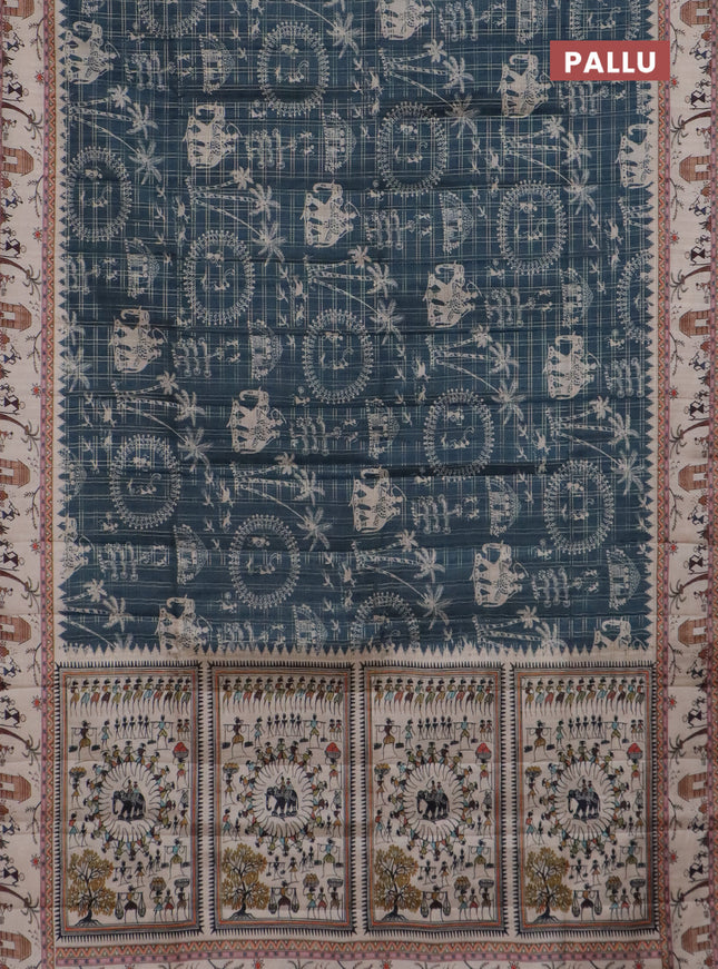Semi tussar saree dark peacock blue and cream with allover zari checks & warli prints  and printed border