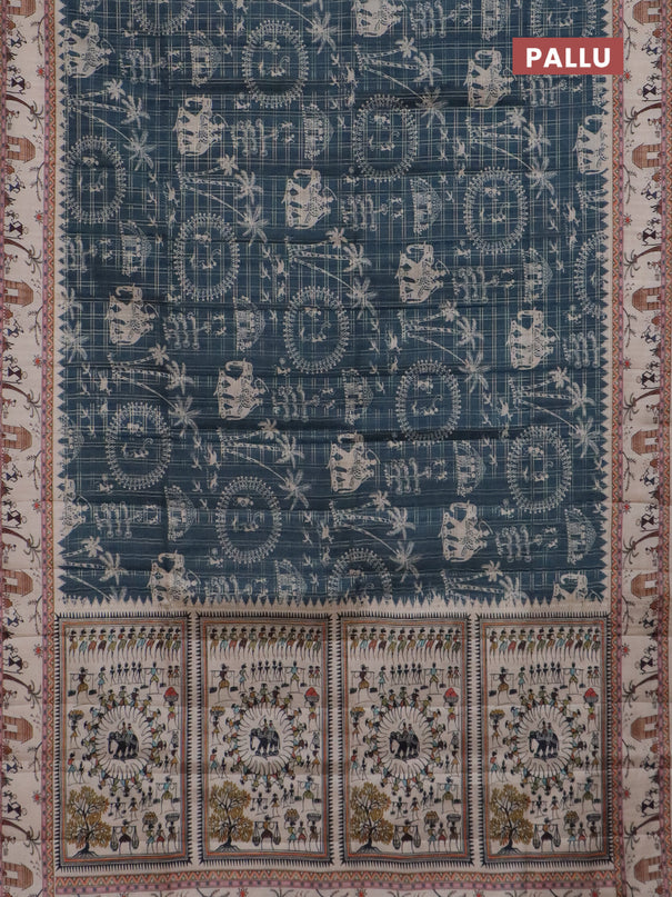 Semi tussar saree dark peacock blue and cream with allover zari checks & warli prints  and printed border