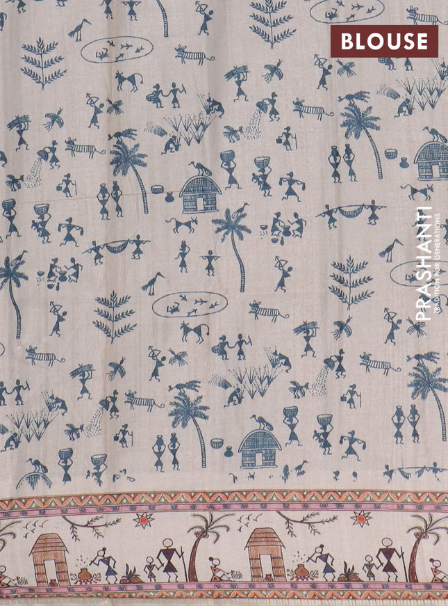 Semi tussar saree dark peacock blue and cream with allover zari checks & warli prints  and printed border