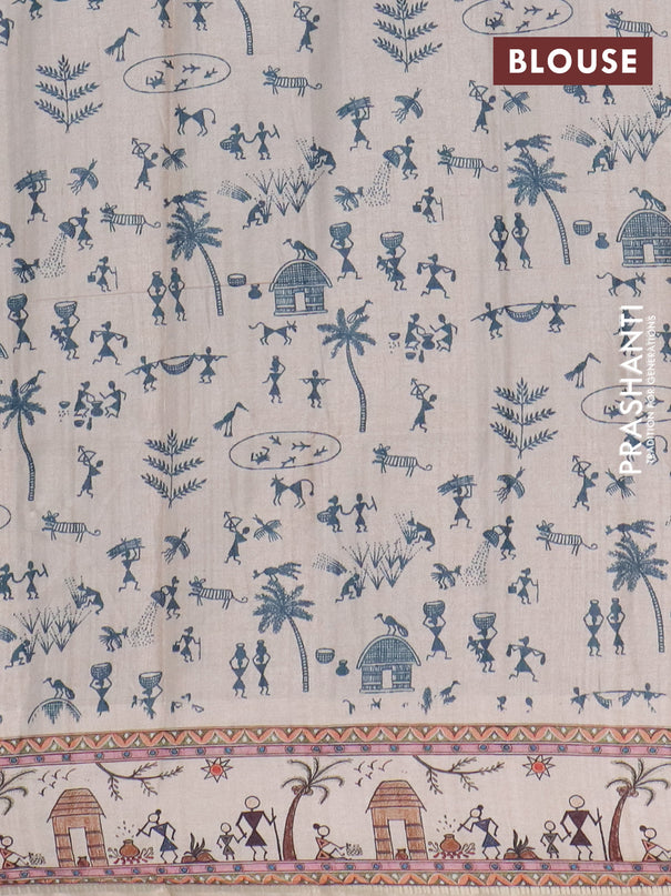 Semi tussar saree dark peacock blue and cream with allover zari checks & warli prints  and printed border