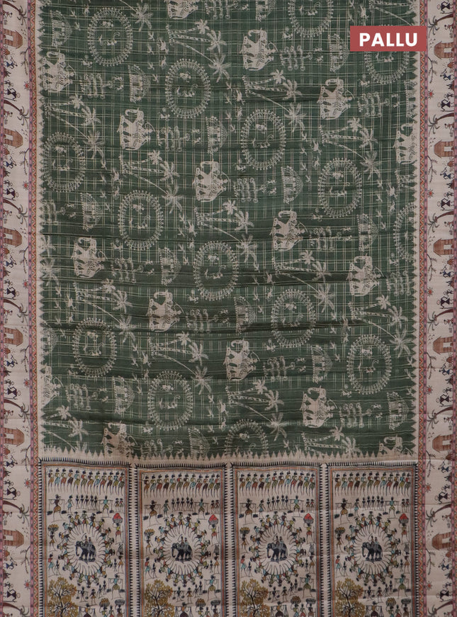 Semi tussar saree sap green and cream with allover zari checks & warli prints  and printed border