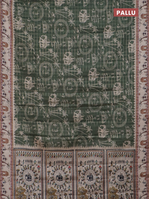 Semi tussar saree sap green and cream with allover zari checks & warli prints  and printed border