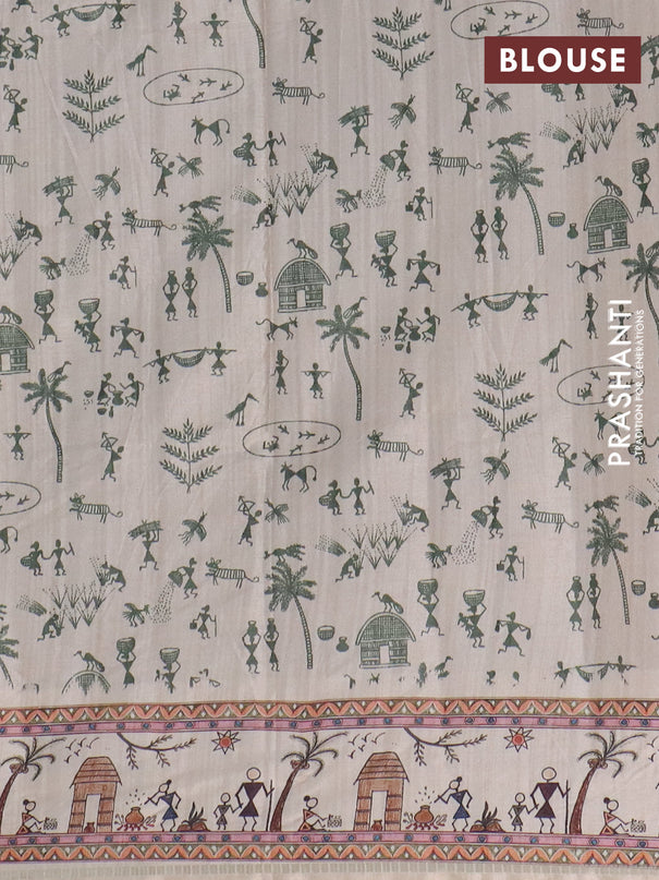 Semi tussar saree sap green and cream with allover zari checks & warli prints  and printed border