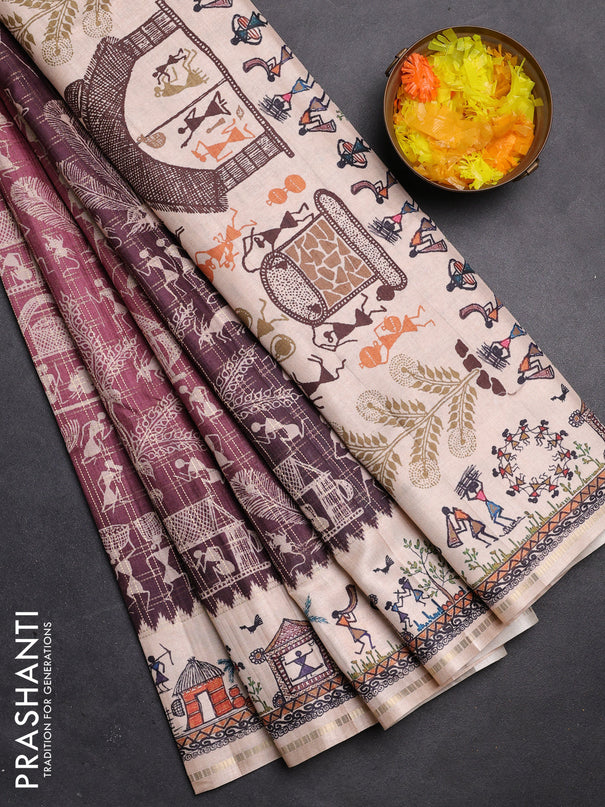 Semi tussar saree pastel maroon and cream with allover zari checks & warli prints  and printed border